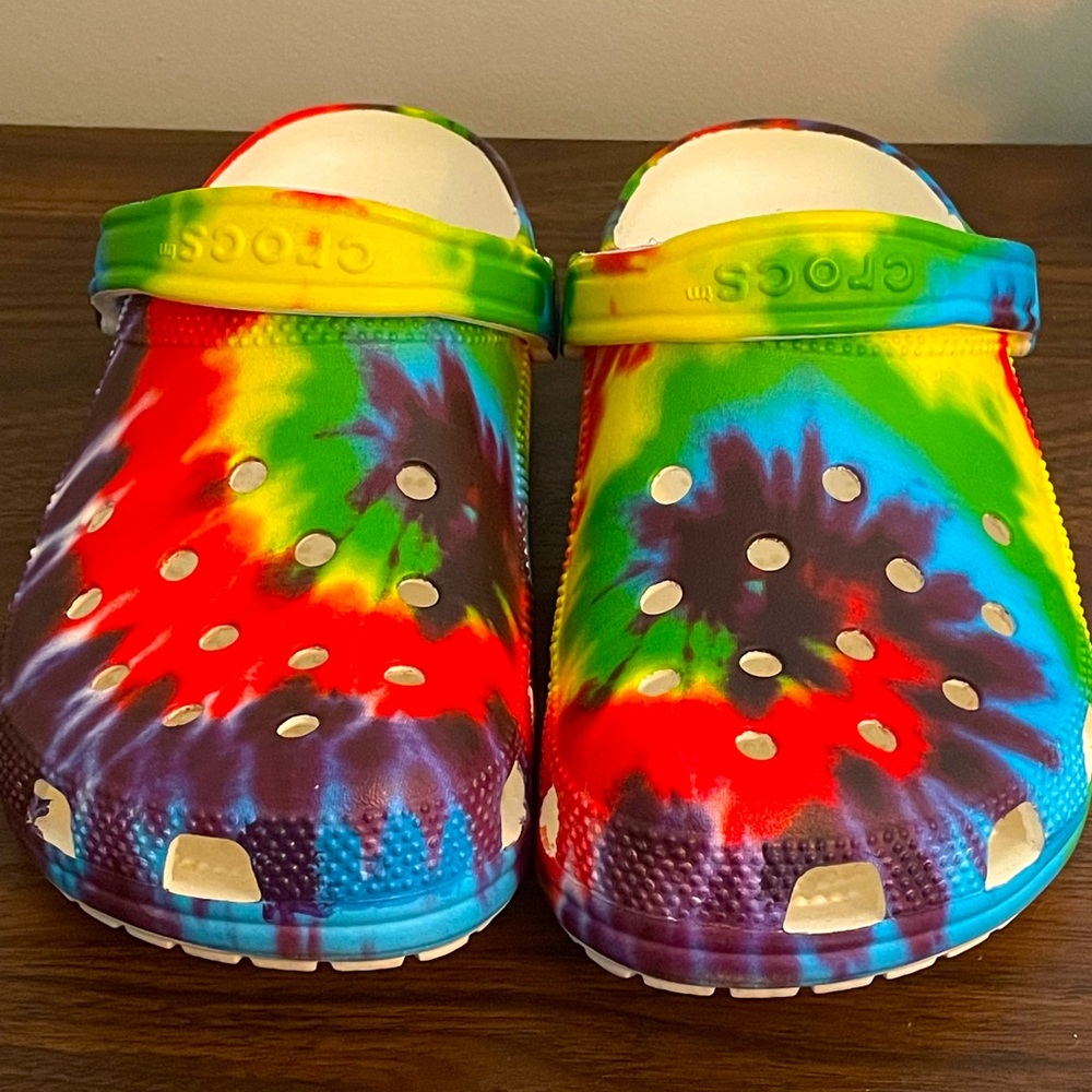 Tie dye classic crocs.
